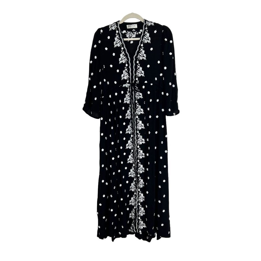 Vivien Tsao By Korea Black Floral Embroidered Midi Dress V-Neck Tie Waist Size L